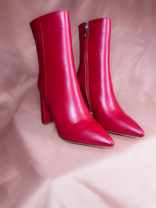 Pointed Toe Leather Bootie- RED